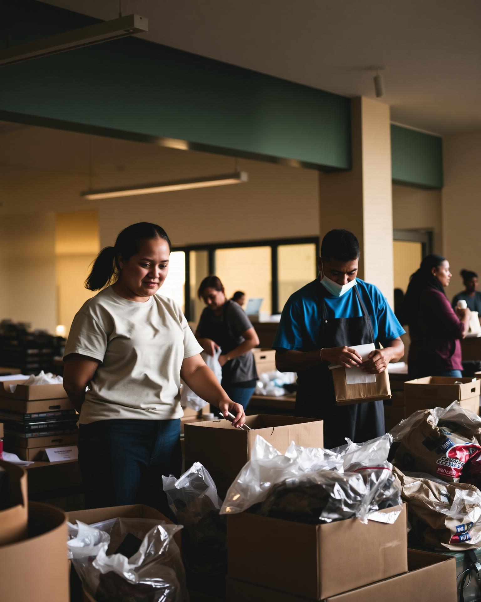Non-profit workers organizing supplies at a modern community center.